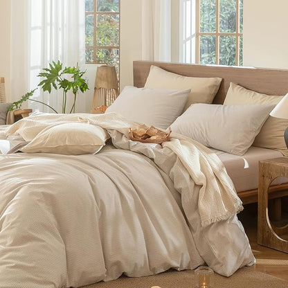 MooMee Striped Duvet Cover Set 100% Washed Cotton Linen Like Textured Breathable Durable Soft Comfy (Tannish Linen Grey White Pinstripes, Cal King 104"x98")