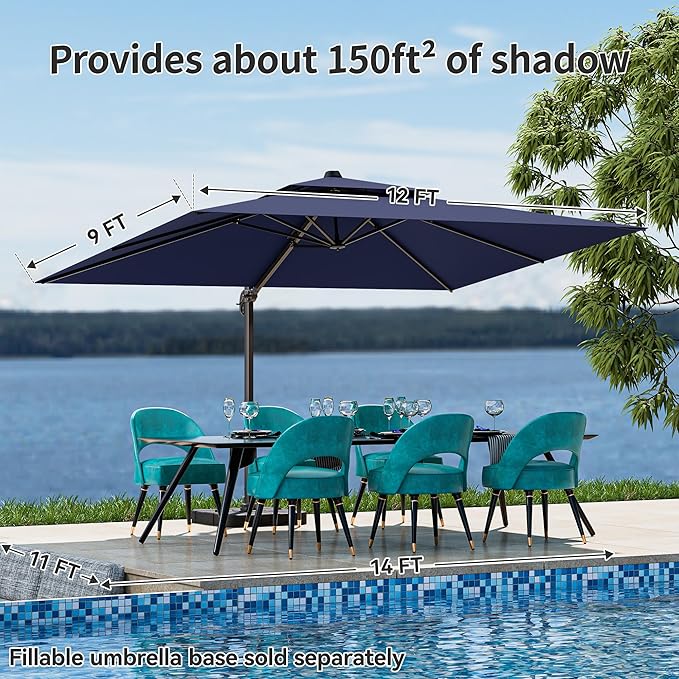 9x12FT Cantilever Patio Umbrella - Heavy Duty Double Layer Offset Design with 360° Rotation, Large Rectangle Sun Shade Umbrella for Garden, Deck, Pool, Backyard, Navy