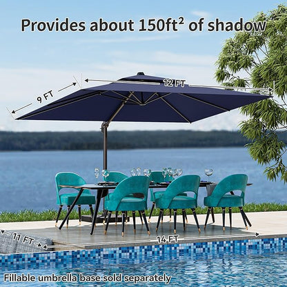 9x12FT Cantilever Patio Umbrella - Heavy Duty Double Layer Offset Design with 360° Rotation, Large Rectangle Sun Shade Umbrella for Garden, Deck, Pool, Backyard, Navy