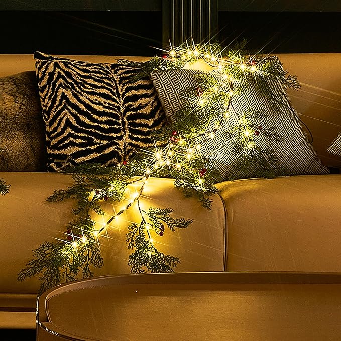 Fudios Lighted Pine Garland with Timer Red Berry Decor 80 LED 6FT Battery Operated USB Plug in,Lit Christmas Garland Cypress Leaves Lights for Home Mantle Inside