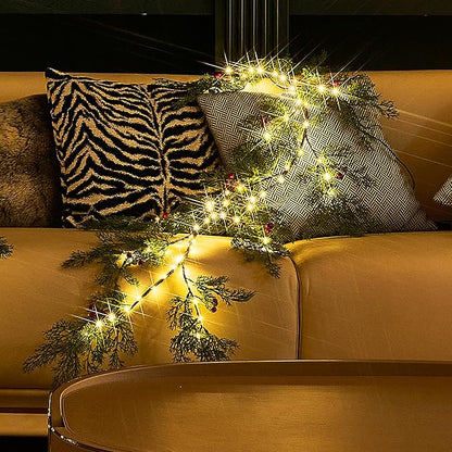 Fudios Lighted Pine Garland with Timer Red Berry Decor 80 LED 6FT Battery Operated USB Plug in,Lit Christmas Garland Cypress Leaves Lights for Home Mantle Inside