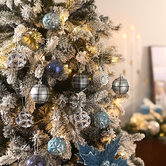 Valery Madelyn Ornaments for Christmas Trees, 16ct 2.36 Inches Navy Blue and Silver Shatterproof Christmas Tree Decorations, Luxury Hanging Ball Ornaments for Xmas Holiday Party Decor