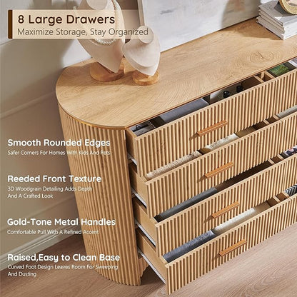 Fluted 8 Drawer Dresser for Bedroom with Curved Profile Design,53.9" W Wide Chest of Drawers with Reeded Front Panels,Wide Storage Cabinet with Smooth-Glide Drawers for Living Room,Natural Oak
