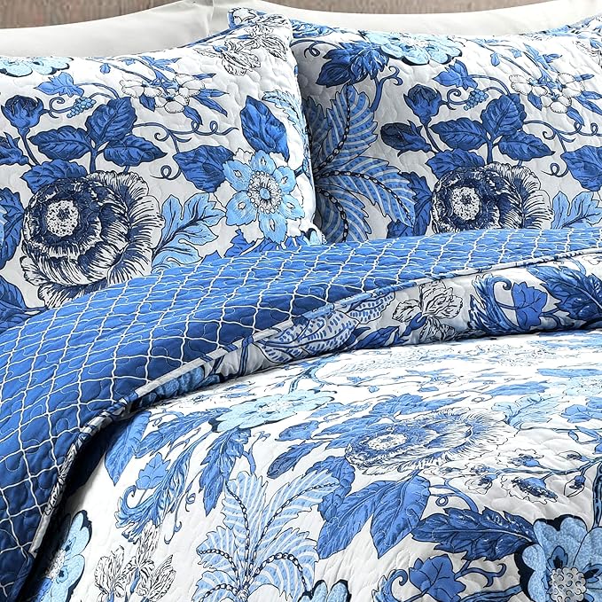 Lush Decor Sydney Reversible Cotton Quilt Set King 3 Piece Bedding, Navy White
