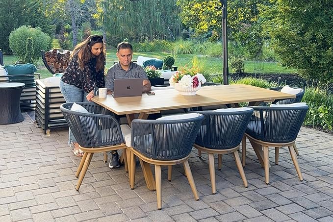 PURPLE LEAF 9 Pieces Patio Dining Table Set Wicker Outdoor Furniture Rectangular Table and Chairs Set for Garden Deck Teak-Finish Aluminum Frame Backyard Kitchen Set, Cushions and Pillows Included