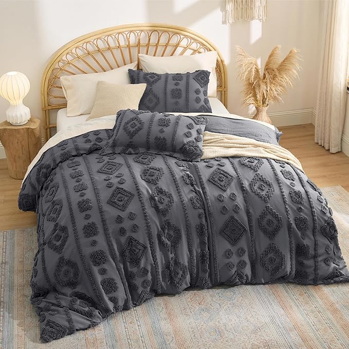Bedsure King Size Comforter Set - Dark Grey Tufted Boho Bed Set, Farmhouse Shabby Chic Embroidery Bedding for All Seasons, 3 Pieces, 1 Soft Jacquard King Comforter and 2 Pillow Shams