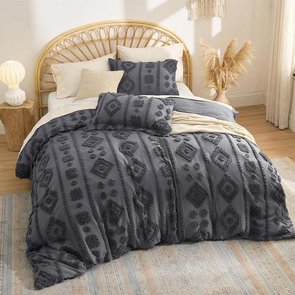 Bedsure Queen Size Comforter Set - Dark Grey Tufted Boho Bed Set, Farmhouse Shabby Chic Embroidery Bedding for All Seasons, 3 Pieces, 1 Soft Jacquard Queen Comforter and 2 Pillow Shams