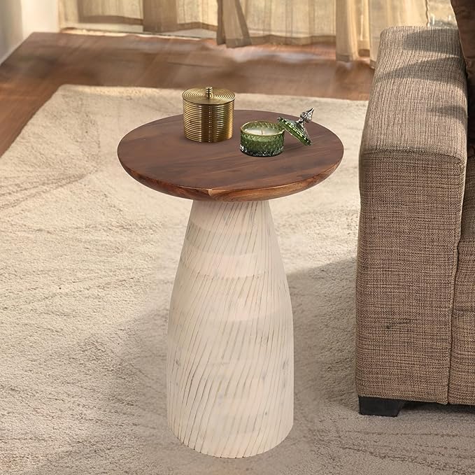 Modern Round Wood Accent Table with Carved Cone Base Solid Mango Wood Side Table for Living Room, Bedroom or Entryway White,Assembled