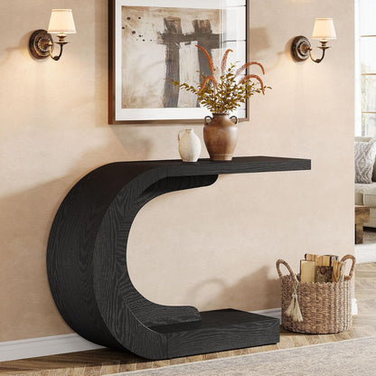 Tribesigns 43.3" Farmhouse Console Table for Entryway, Unique C-Shaped Rustic Sofa Table Behind Couch with Storage for Living Room, Hallway, Entry, Entrance, Foyer, Easy Assembly, Black