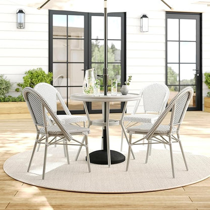 Martha Stewart Lily Pond 31” Round Indoor Outdoor Bistro Dining Table with Aluminum Frame in Gray Woodgrain and Rattan Top in White/Gray with Tempered Glass Top