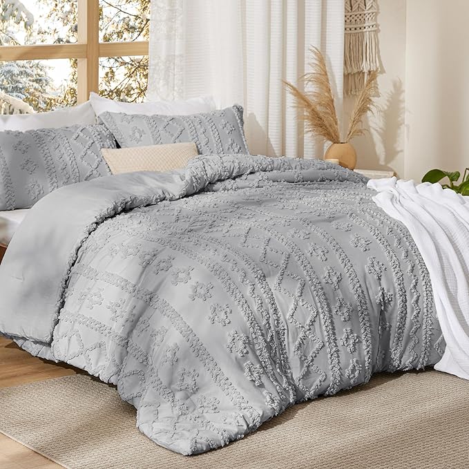 Bedsure Tufted Boho Comforter Set Twin Size - Light Grey Boho Bed Set, GentleSoft™ 2 Pieces Farmhouse Shabby Chic Embroidery Bedding, Gifts for Woman, Soft Jacquard Twin Comforter for All Seasons