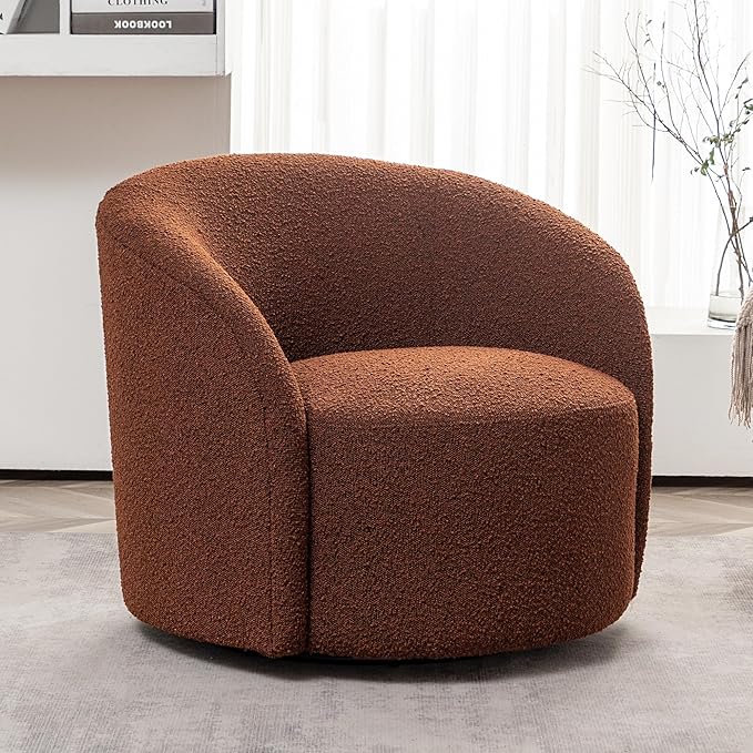 KINWELL 34" W Mid Century Modern Swivel Barrel Chair, Round Upholstered Boucle Swivel Accent Chairs, No Assembly Chair for Living Room Bedroom Reading Apartment Lounge Nursery