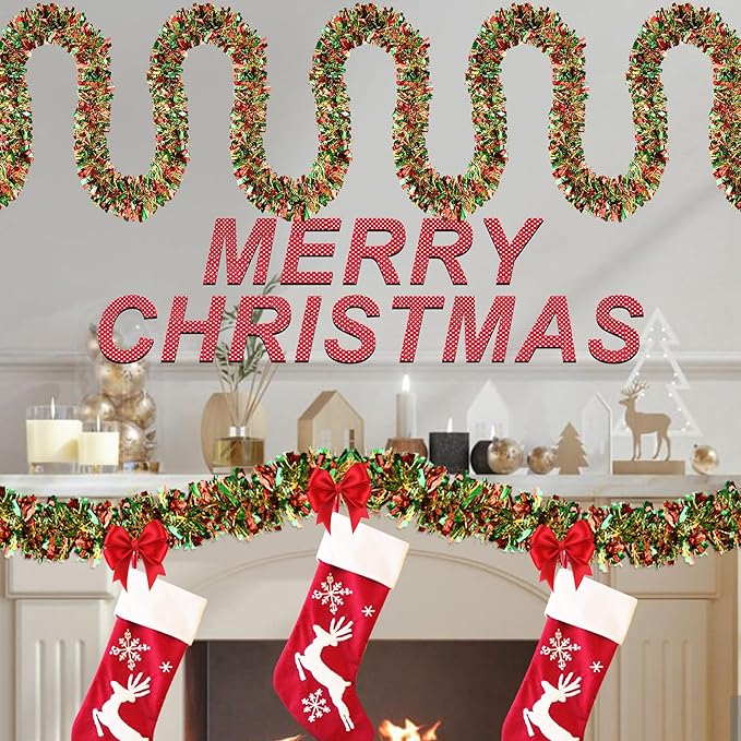 50 FT Christmas Tinsel Garland Christmas Decorations for Xmas Tree Decor Metallic Twist Shiny Hanging Garlands for Tree Mantel Stairs Fireplace Home Indoor Holiday Party Supplies (Red Green Gold)
