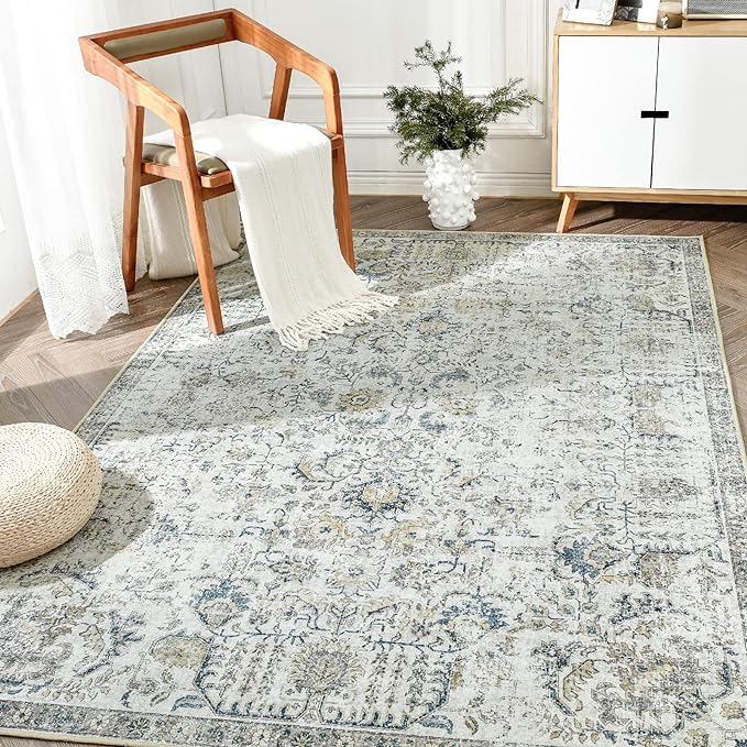 jinchan Vintage Floral Washable Area Rug 5x7 Non-Slip Low Pile Carpet, Blue Multi