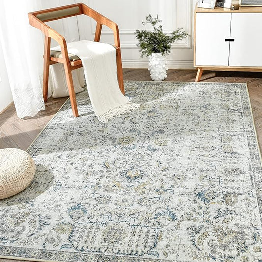 jinchan Vintage Floral Washable Area Rug 5x7 Non-Slip Low Pile Carpet, Blue Multi