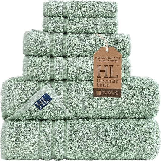 Hawmam Linen 6 Piece Bath Towels Set for Bathroom Original Turkish Cotton Soft Absorbent and Premium Bath Towels Hand Towels, Green