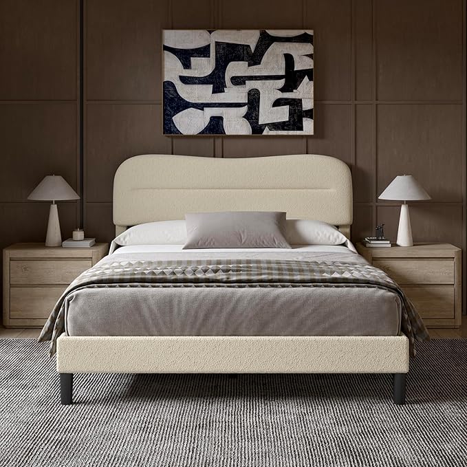 Queen Size Bed Frame with Headboard, upholstered Bed Frame Queen Size, Teddy Soft Boucle Fabric, Soft Cloud Marshmallow Shape Upholstered Headboard, No Box Spring Needed, Noise Free (Beige)