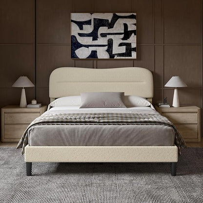 Queen Size Bed Frame with Headboard, upholstered Bed Frame Queen Size, Teddy Soft Boucle Fabric, Soft Cloud Marshmallow Shape Upholstered Headboard, No Box Spring Needed, Noise Free (Beige)