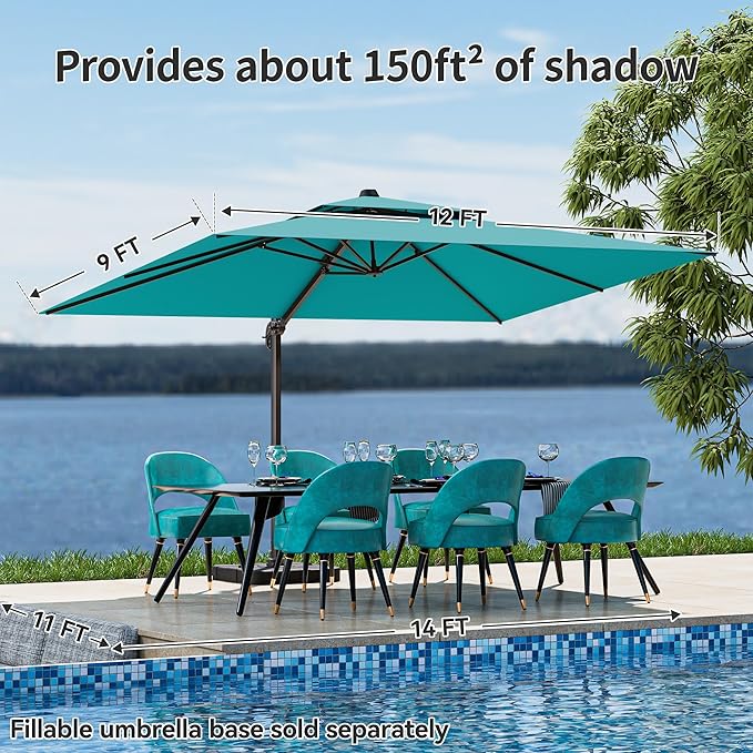 9x12FT Turquoise Cantilever Outdoor Patio Umbrella with Base, Large Rectangular Offset Design, Double Top Heavy Duty Aluminum Frame & 360° Rotation for Pool Garden Deck Backyard