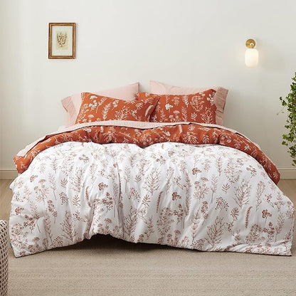 Bedsure Queen Comforter Set - Terracotta Bed Set, 3 Pieces Cute Floral Bedding, 1 Soft Reversible Botanical Flowers Comforter and 2 Pillow Shams