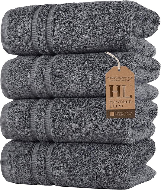 Hawmam Linen Cool Grey Hand Towels 4-Pack - 16x29 Turkish Cotton Premium Quality Soft Bath Towels