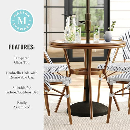 Martha Stewart Lily Pond 31” Round Indoor-Outdoor Bistro Dining Table with Aluminum Frame in Natural Woodgrain and Rattan Top in White/Navy with Tempered Glass Top