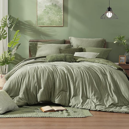 Monbix King Size Comforter Set, Sage Green King Size Bed Set Reversible 7 Pieces, Cationic Dyeing Bed in a Bag with Comforter, Sheets, Pillowcases & Shams