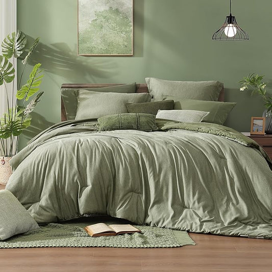 Monbix California King Comforter Set - 7 Pieces Cationic Dyeing Sage Green Bed in a Bag Cal King Bed Sets with Comforter, Sheets, Pillowcases & Shams, Reversible Bedding Comforters Sets (108 * 92)