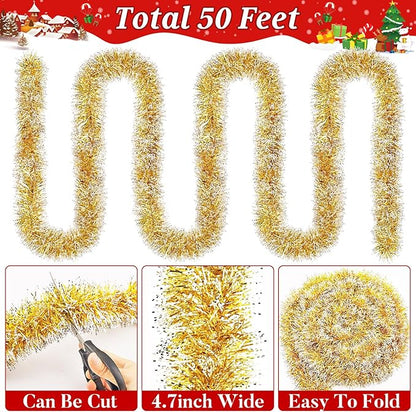 50Ft Christmas Gold and Silver Tinsel Garland Metallic Twist Shiny Garland for Xmas Christmas Tree Ceiling Hanging Decorations Holiday Wedding Home Party Supplies Indoor Outdoor Decor