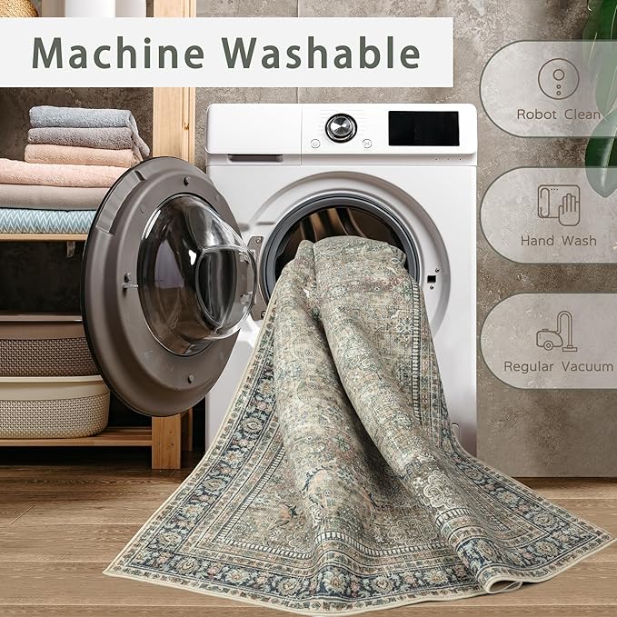 Washable Rugs 8x10 Area Rugs for Living Room,Rugs for Bedroom,Large Carpets,Ultra Soft Faux Wool Retro Dining Room Rug,Non Slip&Non-Shedding Low Pile Vintage Print Rug for Home Office,Green