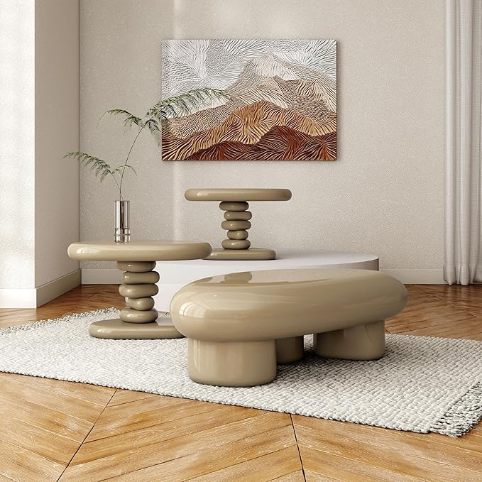 24/7 Shop at Home Kavren Modern 37-inch 3-Piece Oval Glossy Low Profile Coffee Table Set, Stone Shape Living Room Furniture for Small Space, Light Brown