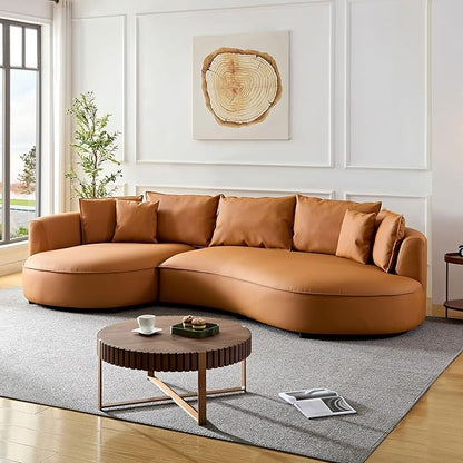 WILLIAMSPACE 124.8" Leather Curved Sofa Couch, Modern Upholstery Luxury Sofa with Pillows, Left Hand Facing Sectional Couch for Living Room (Left-Facing,Orange Leather)