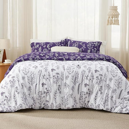 Bedsure Queen Comforter Set - Dark Purple Bed Set, 3 Pieces Cute Floral Bedding, 1 Soft Reversible Botanical Flowers Comforter and 2 Pillow Shams