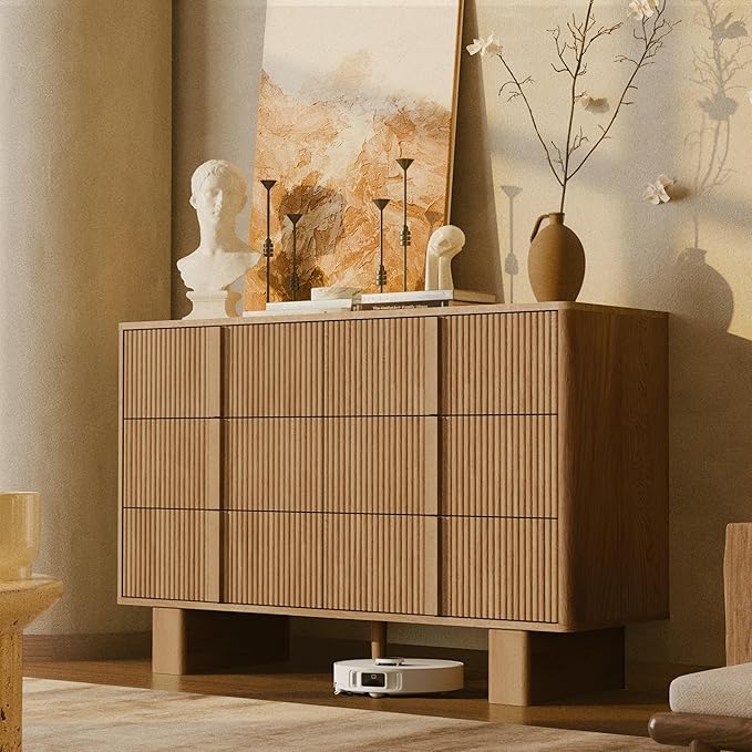 Fluted Dresser for Bedroom with 6 Drawers,47" Wide Modern Chest of Drawers with Wooden Handle, Wooden Dresser TV Stand, Wood Closet Clothes Storage Organizer for Living Room, Hallway, Natural Oak