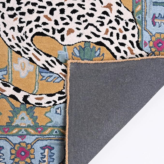 Handmade Leopard Wool Area Rug with Traditional Oushak Motif – Animal Print Cheetah Rugs for Living Room, Bedroom | Plush Texture, Vintage Style, Thick & Durable Carpet (Blue, 6' x 8')