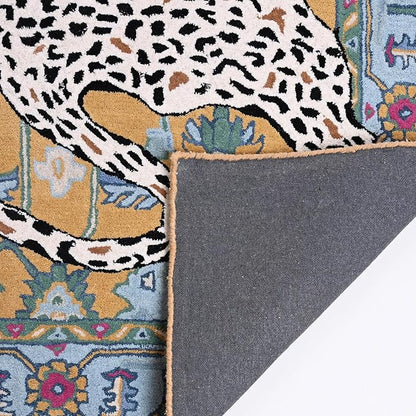 Handmade Leopard Wool Area Rug with Traditional Oushak Motif – Animal Print Cheetah Rugs for Living Room, Bedroom | Plush Texture, Vintage Style, Thick & Durable Carpet (Blue, 6' x 8')