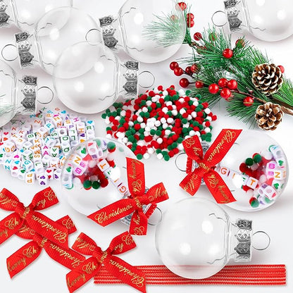Y1tvei Christmas Ornament Ball Kit - 41Pcs Clear Plastic Fillable DIY Beads Craft Set Pipe Cleaners Pom Poms and Bows Letter Bead Charms Christmas Decor Design, Handmade Making for Party Birthday Gift