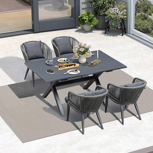 PURPLE LEAF 5 Pieces Patio Dining Table Set Wicker Outdoor Furniture Rectangular Table and Chairs Set for Garden Deck Aluminum Frame Backyard Kitchen Set, Cushions and Pillows Included Grey