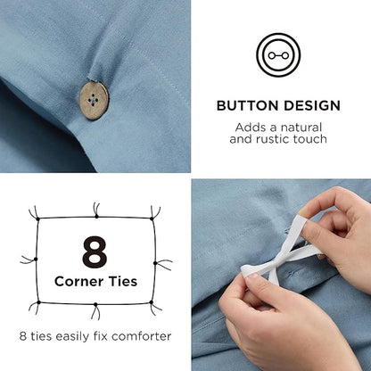 Bedsure Linen Duvet Cover Queen - Linen Cotton Blend Bedding Set, Soft & Cozy, 3 Pieces, 1 Duvet Cover 90x90 Inches and 2 Pillowcases, Grey Blue Color Cooling Bedding, Comforter Sold Separately