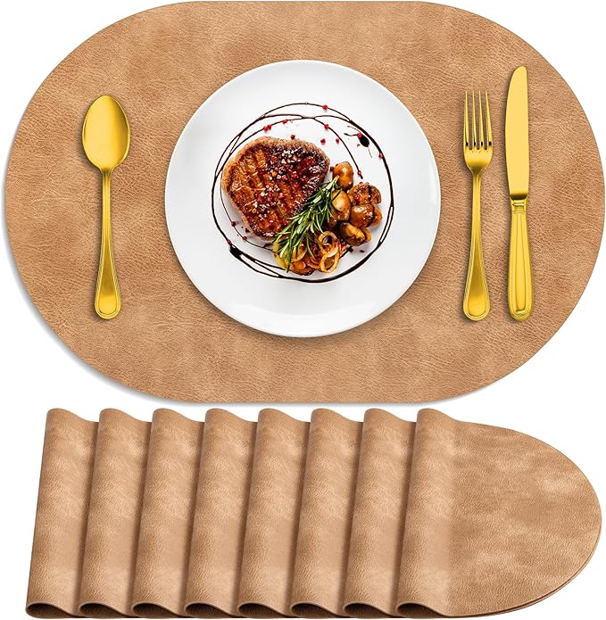 ADRIMER Placemats, Heat Resistant Oval Placemats Set of 8 Washable 12 x 17 Inch, Waterproof Table Mats, Wipeable Pu Place Mats for Kitchen, Dining Room, Light Brown