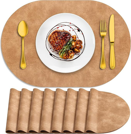 ADRIMER Placemats, Heat Resistant Oval Placemats Set of 8 Washable 12 x 17 Inch, Waterproof Table Mats, Wipeable Pu Place Mats for Kitchen, Dining Room, Light Brown