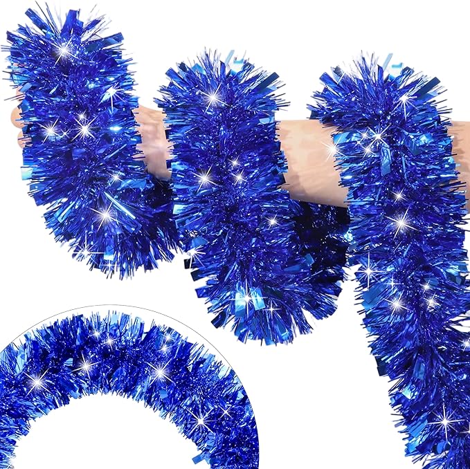 50 Feet Blue Christmas Tinsel Garland for Christmas Tree Decorations, Xmas Metallic Twist Shiny Hanging Garland Decor for Mantle Stairs Fireplace Home Holiday Indoor Outdoor