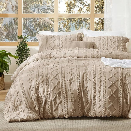 Bedsure Tufted Boho Comforter Set Oversized Queen - Khaki Boho Bed Set, GentleSoft™ 3 Pieces Farmhouse Shabby Chic Embroidery Bedding, Gifts for Woman, Soft Jacquard Comforter for All Seasons