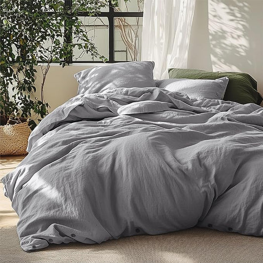 Bedsure Linen Duvet Cover King - Linen Cotton Blend Bedding Set, Soft & Cozy, 3 Pieces, 1 Duvet Cover 104x90 Inches and 2 Pillowcases, Silver Grey Color Cooling Bedding, Comforter Sold Separately