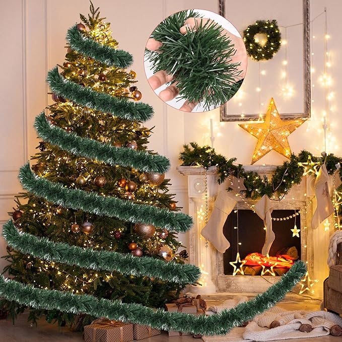 50 Foot Green Christmas Garland Christmas Decorations, Artificial Greenery Pine Garlands Xmas Decor Soft Tinsel Garland Non-Lit for Stairs Mantle Fireplace Home Indoor Outdoor Holiday Party Supplies