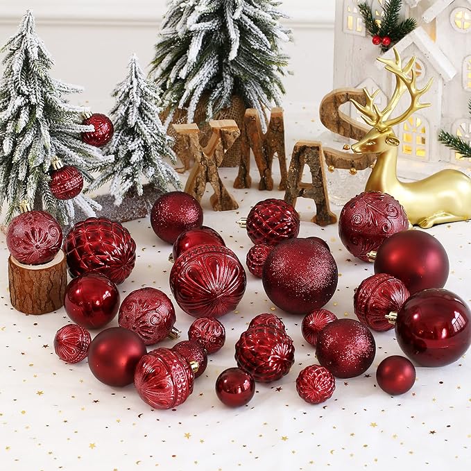 Christmas Ball Ornaments Wine Red Christmas Tree Decorations with Hang Rope-36pcs Shatterproof Christmas Ornaments Set with 6 Styles in 3 Sizes(Small Medium Large)