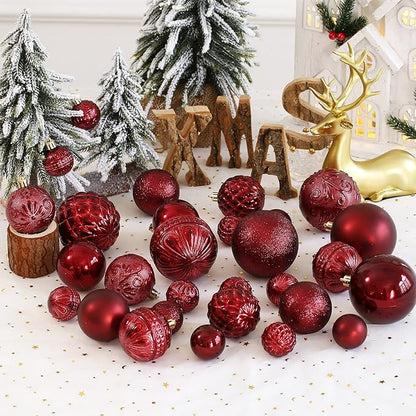 Christmas Ball Ornaments Wine Red Christmas Tree Decorations with Hang Rope-36pcs Shatterproof Christmas Ornaments Set with 6 Styles in 3 Sizes(Small Medium Large)