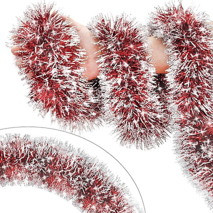 33FT Red Tinsel Christmas Garland Metallic Twist Shiny Garland for Christmas Tree Decorations, Xmas Holiday Hanging Garland for Home Indoor Outdoor Party Supplies Decor (Red)