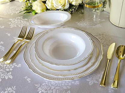 " OCCASIONS " 240 Plates Pack,(120 Guests) Heavyweight Premium Disposable Plastic Plates Set -120 x 10.25'' Dinner + 120 x 7.5'' Salad/Dessert (Rochelle White and Gold)