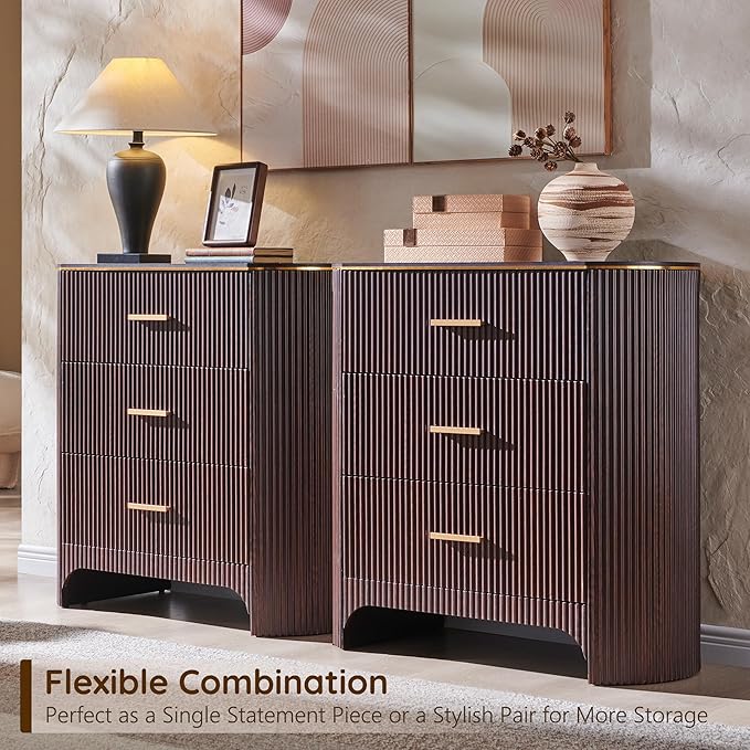 Fluted 3 Drawers Nightstand with Charging Station,31.7" W Bedside Table with Curved Profile Design,End Table Storage with USB Ports for Bedroom,Living Room,Gold Metal Handle, Brown Oak